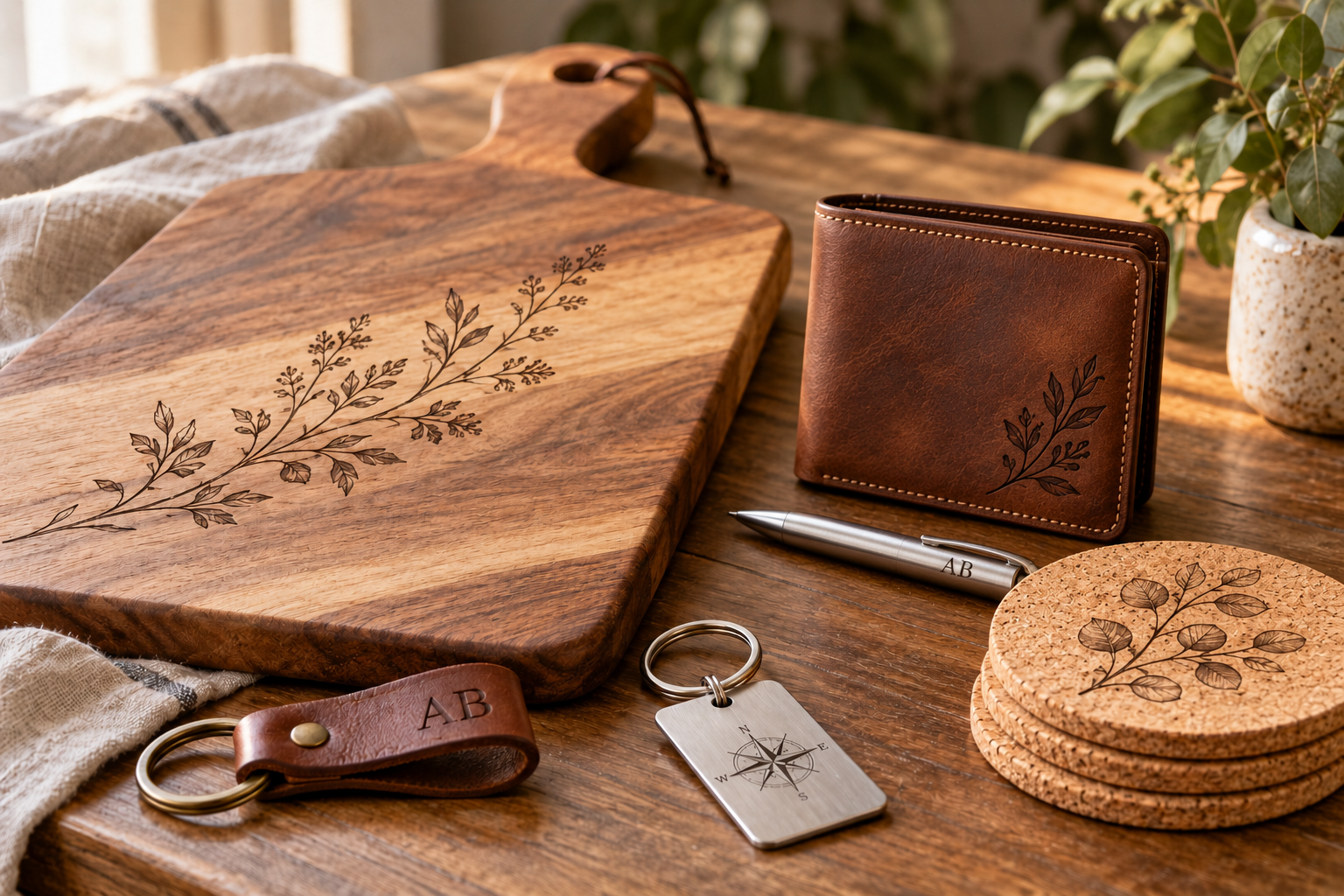 Illustrative laser engraving examples: a wooden chopping board, leather wallet and keyring, metal pen and tag, and cork coasters