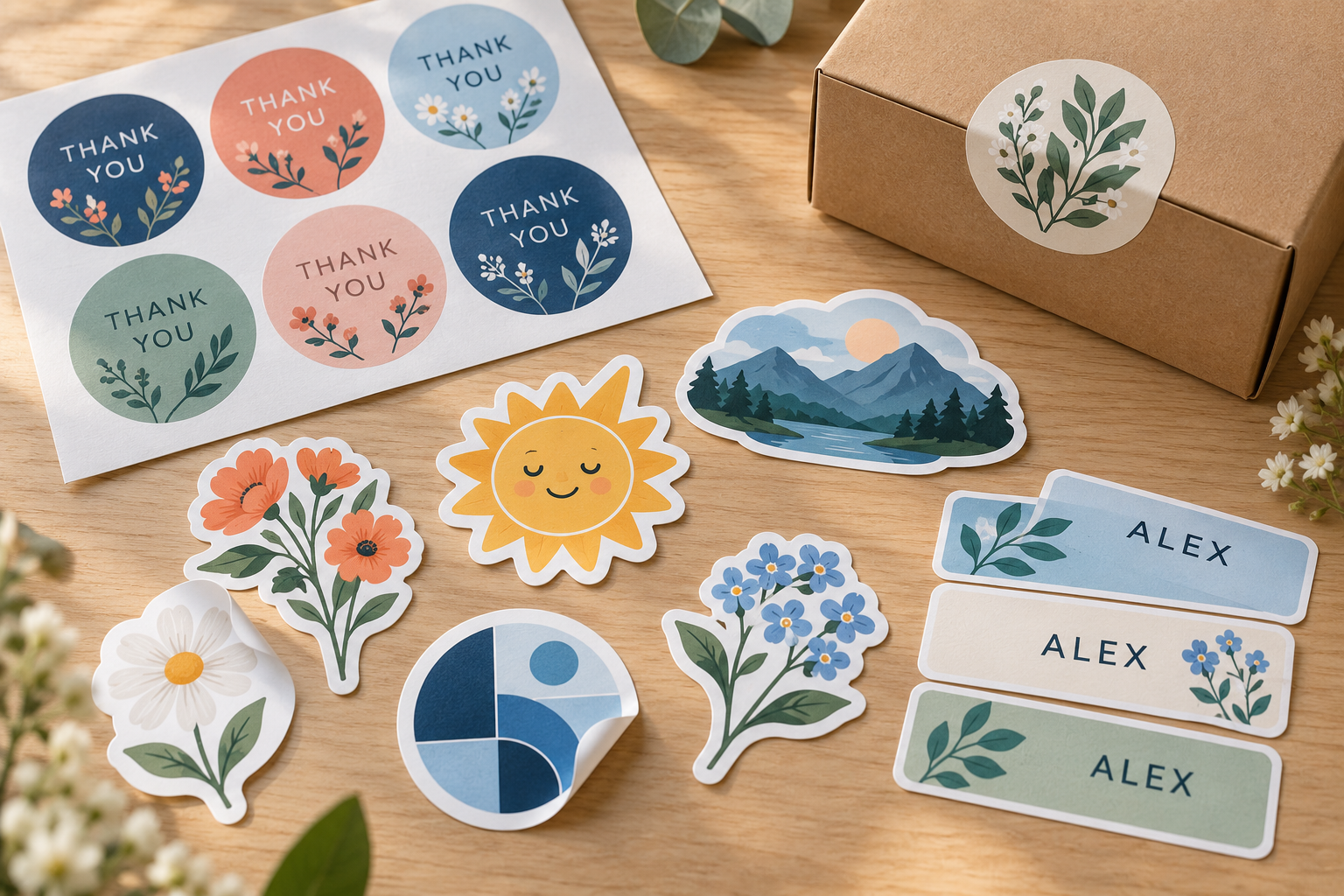 Illustrative custom sticker examples: floral stickers, thank-you packaging labels, name labels and a branded gift box